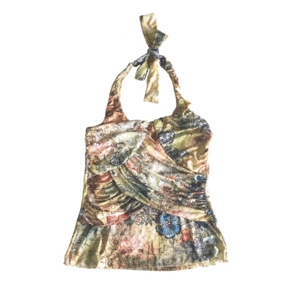 new Boho Chic ❤︎ Romantic Artsy Floral Print Draped Halter Top ❤︎ Pin Up Chic L - Picture 3 of 16